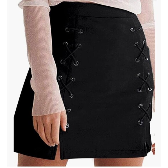 Dresses & Skirts - Black Faux Suede Corset‎ Lace Up High Waist Pencil Bodycon Mini Skirt